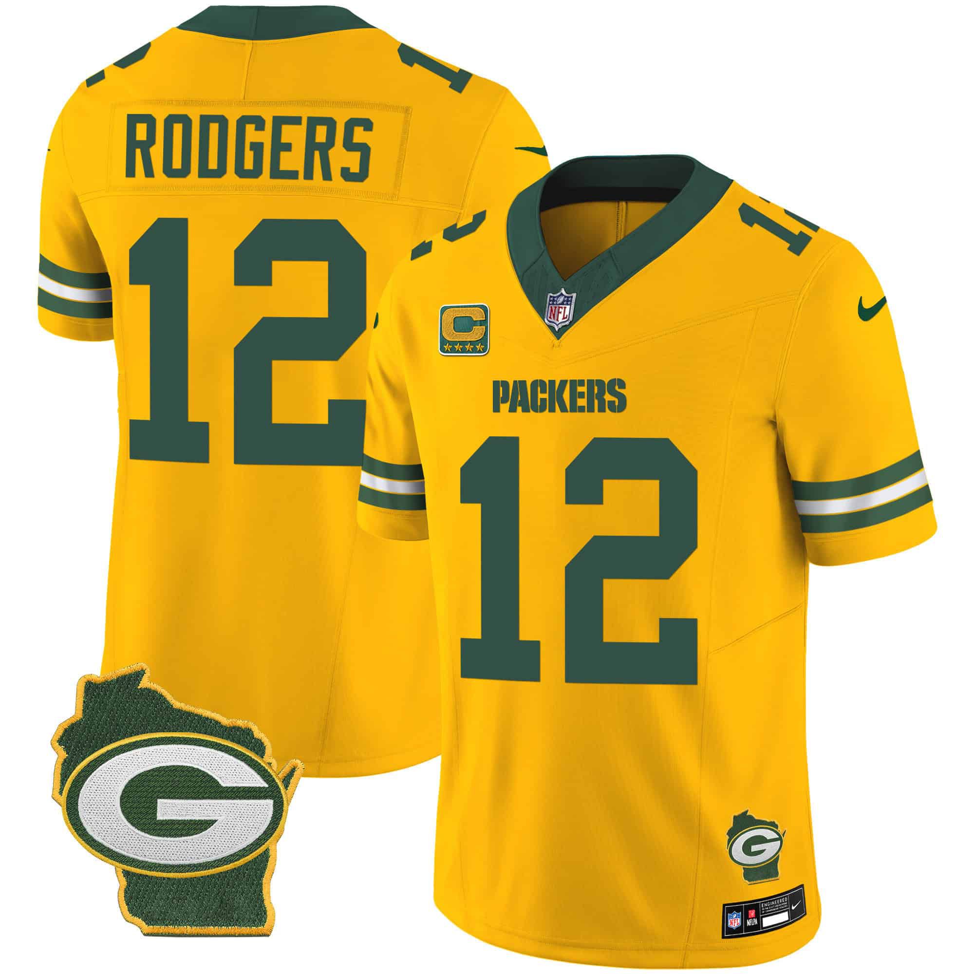 Men Green Bay Packers #12 Rodgers Yellow 2024 Nike Home Patch Vapor NFL Jersey